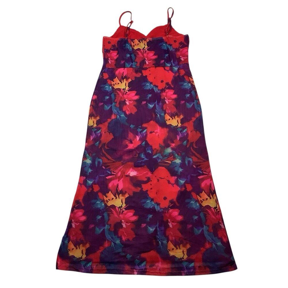 Pretty Garden Floral Red Mesh Bodycon Maxi Dress Spaghetti Strap Women L Resort - Picture 4 of 14